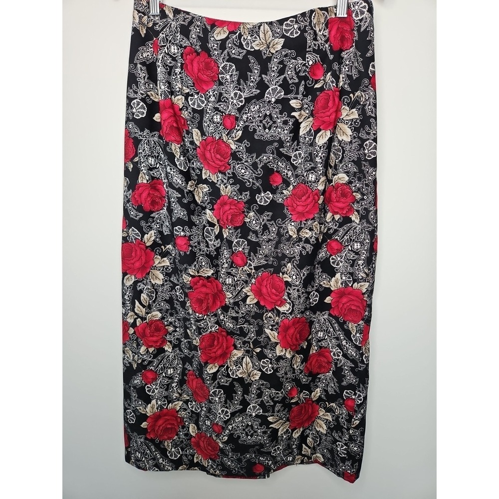 Briggs New York Skirt 14 Black Red Floral Whimsigoth Grunge Soft Midi Back Slit